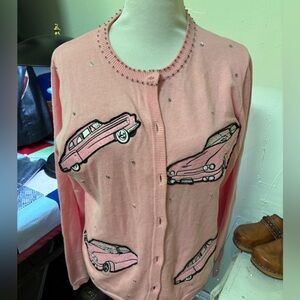 Vintage Sorbe Pink Cadillac Embellished BeadedWomen's Sweater